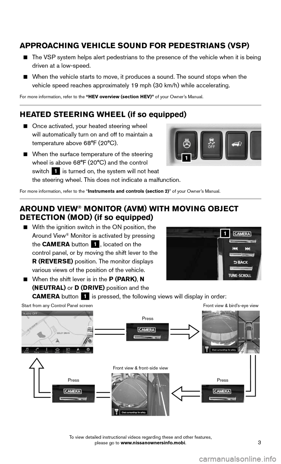 NISSAN MURANO HYBRID 2016 3.G Quick Reference Guide 3
AROUND VIEW® MONITOR (AVM) WITH MOVING OBJECT 
DETECTION (MOD)  (if so equipped)
    With the ignition switch in the ON position, the 
Around View® Monitor is activated by pressing 
the CAMERA but