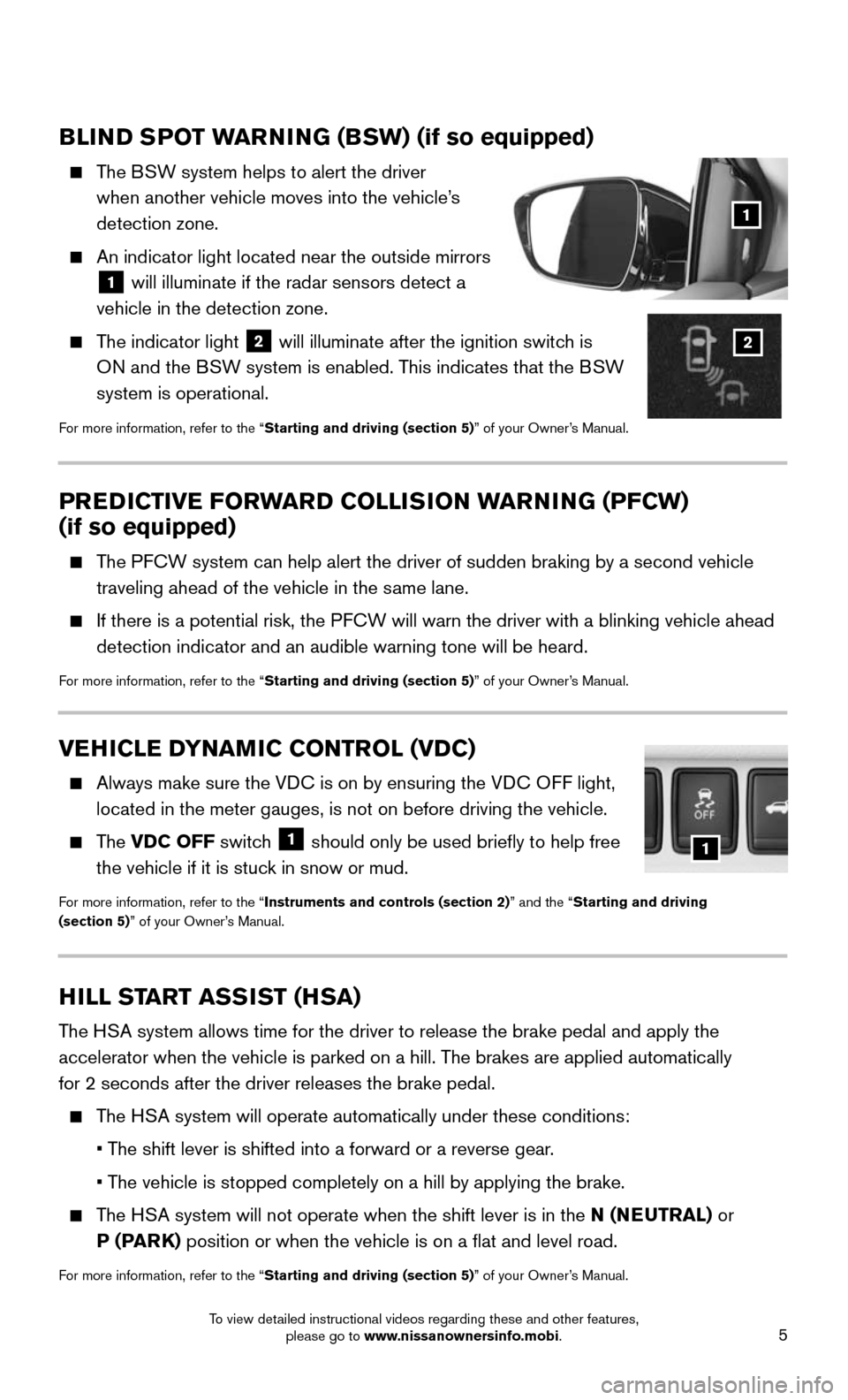 NISSAN MURANO HYBRID 2016 3.G Quick Reference Guide 5
BLIND SPOT WARNING (BSW) (if so equipped)
    The BSW system helps to alert the driver  
when another vehicle moves into the vehicle’s 
detection zone.
    An indicator light located near the outs