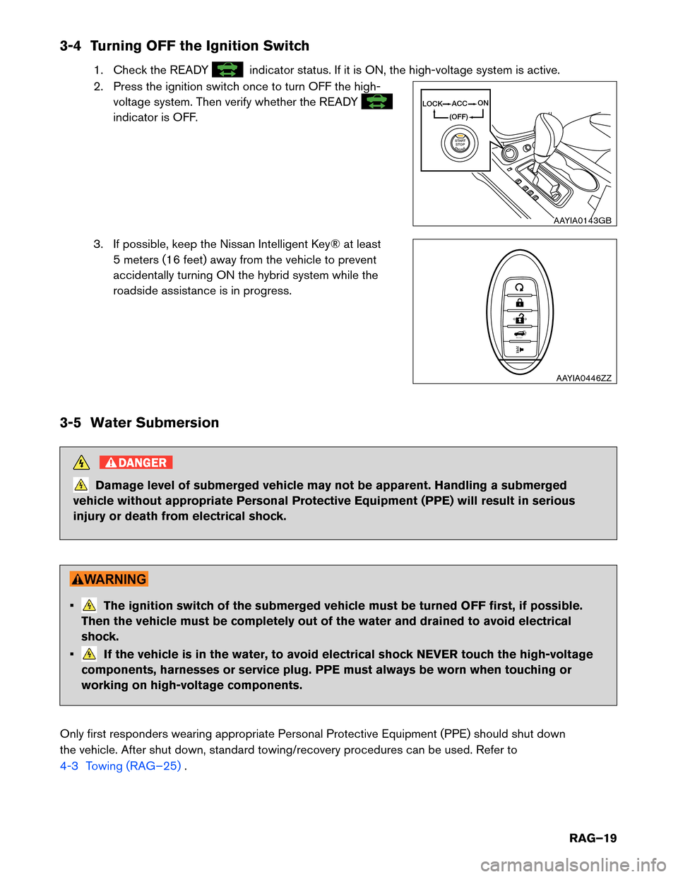 NISSAN MURANO HYBRID 2016 3.G Roadside Assistance Guide 3-4 Turning OFF the Ignition Switch
1. Check the READY indicator status. If it is ON, the high-voltage system is active.
2.

Press the ignition switch once to turn OFF the high-
voltage system. Then v