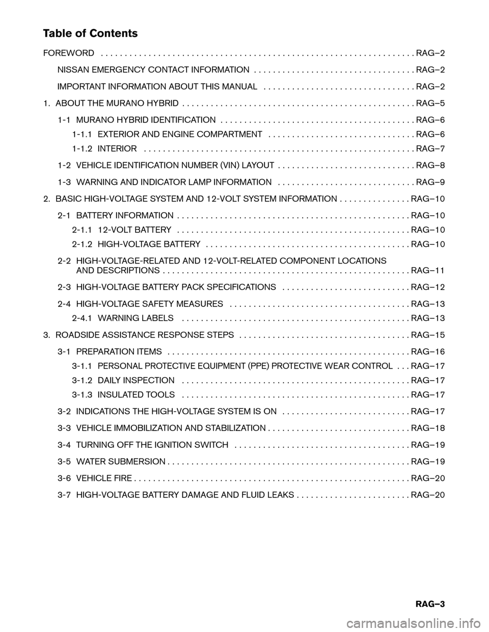 NISSAN MURANO HYBRID 2016 3.G Roadside Assistance Guide Table of Contents
FOREWORD
. . . . . . . . . . . . . . . . . . . . . . . . . . . . . . . . . . . . . . . . . . . . . . . . . . . . . . . . . . . . . . . . . . RAG–2
NISSAN EMERGENCY CONTACT INFORMAT