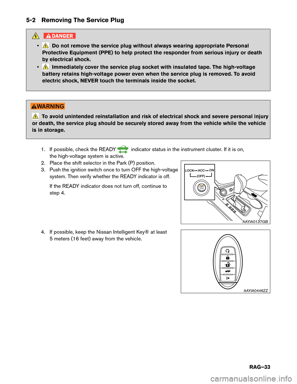 NISSAN MURANO HYBRID 2016 3.G Roadside Assistance Guide 5-2 Removing The Service Plug
DANGER
• Do not remove the service plug without always wearing appropriate Personal
Protective Equipment (PPE) to help protect the responder from serious injury or deat NISSAN MURANO HYBRID 2016 3.G Roadside Assistance Guide 5-2 Removing The Service Plug
DANGER
• Do not remove the service plug without always wearing appropriate Personal
Protective Equipment (PPE) to help protect the responder from serious injury or deat