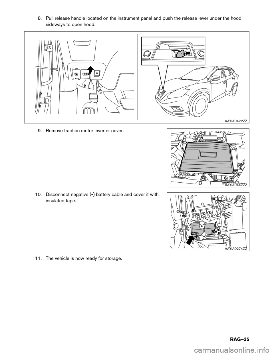 NISSAN MURANO HYBRID 2016 3.G Roadside Assistance Guide 8. Pull release handle located on the instrument panel and push the release lever under the hood
sideways to open hood.
9. Remove traction motor inverter cover.
10. Disconnect negative (-) battery cab NISSAN MURANO HYBRID 2016 3.G Roadside Assistance Guide 8. Pull release handle located on the instrument panel and push the release lever under the hood
sideways to open hood.
9. Remove traction motor inverter cover.
10. Disconnect negative (-) battery cab