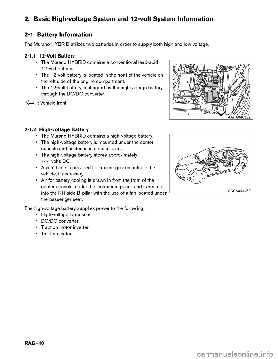 NISSAN MURANO HYBRID 2016 3.G Roadside Assistance Guide 2. Basic High-voltage System and 12-volt System Information
2-1
Battery Information
The Murano HYBRID utilizes two batteries in order to supply both high and low voltage.
2-1.1 12-Volt Battery • The NISSAN MURANO HYBRID 2016 3.G Roadside Assistance Guide 2. Basic High-voltage System and 12-volt System Information
2-1
Battery Information
The Murano HYBRID utilizes two batteries in order to supply both high and low voltage.
2-1.1 12-Volt Battery • The