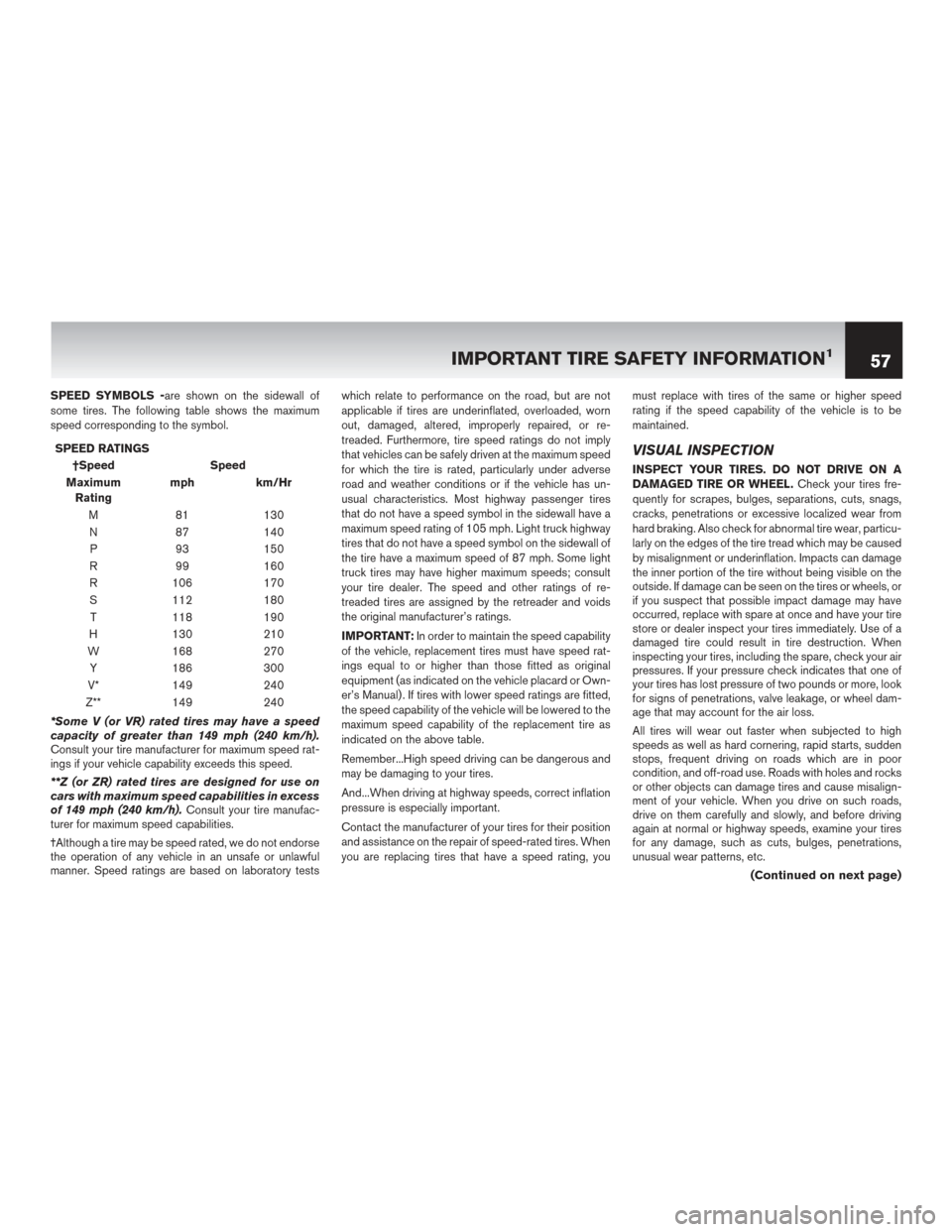 NISSAN PATHFINDER HYBRID 2016 R52 / 4.G Warranty Booklet SPEED SYMBOLS -are shown on the sidewall of
some tires. The following table shows the maximum
speed corresponding to the symbol.SPEED RATINGS †Speed Speed
Maximum Rating mph km/Hr
M 81 130
N 87 140
NISSAN PATHFINDER HYBRID 2016 R52 / 4.G Warranty Booklet SPEED SYMBOLS -are shown on the sidewall of
some tires. The following table shows the maximum
speed corresponding to the symbol.SPEED RATINGS †Speed Speed
Maximum Rating mph km/Hr
M 81 130
N 87 140