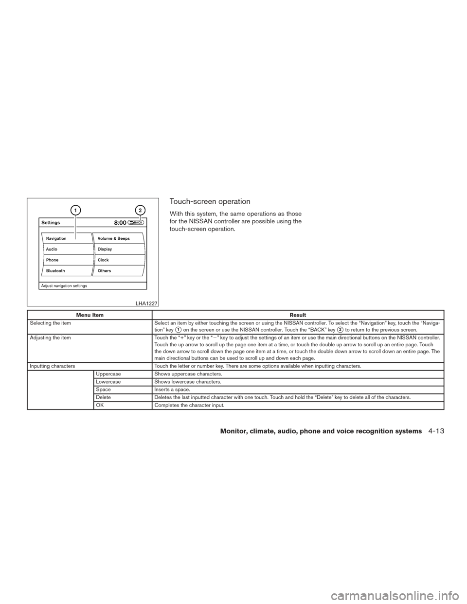 NISSAN PATHFINDER 2016 R52 / 4.G Owners Manual Touch-screen operation
With this system, the same operations as those
for the NISSAN controller are possible using the
touch-screen operation.
Menu ItemResult
Selecting the item Select an item by eith