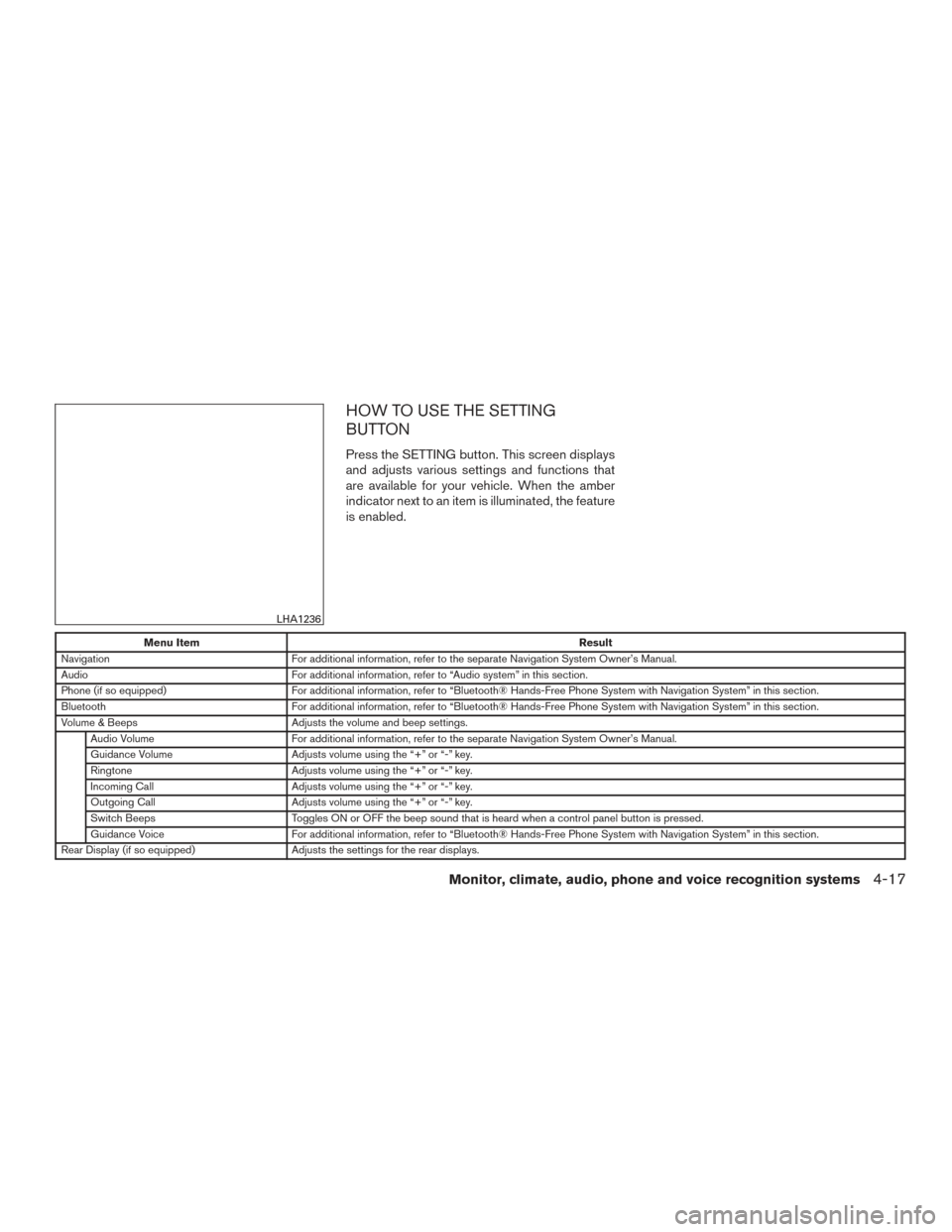 NISSAN PATHFINDER 2016 R52 / 4.G Owners Manual HOW TO USE THE SETTING
BUTTON
Press the SETTING button. This screen displays
and adjusts various settings and functions that
are available for your vehicle. When the amber
indicator next to an item is NISSAN PATHFINDER 2016 R52 / 4.G Owners Manual HOW TO USE THE SETTING
BUTTON
Press the SETTING button. This screen displays
and adjusts various settings and functions that
are available for your vehicle. When the amber
indicator next to an item is
