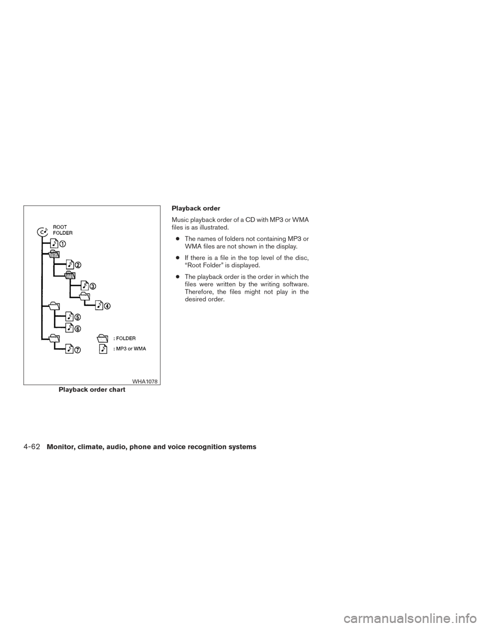 NISSAN PATHFINDER 2016 R52 / 4.G Owners Manual Playback order
Music playback order of a CD with MP3 or WMA
files is as illustrated.● The names of folders not containing MP3 or
WMA files are not shown in the display.
● If there is a file in the