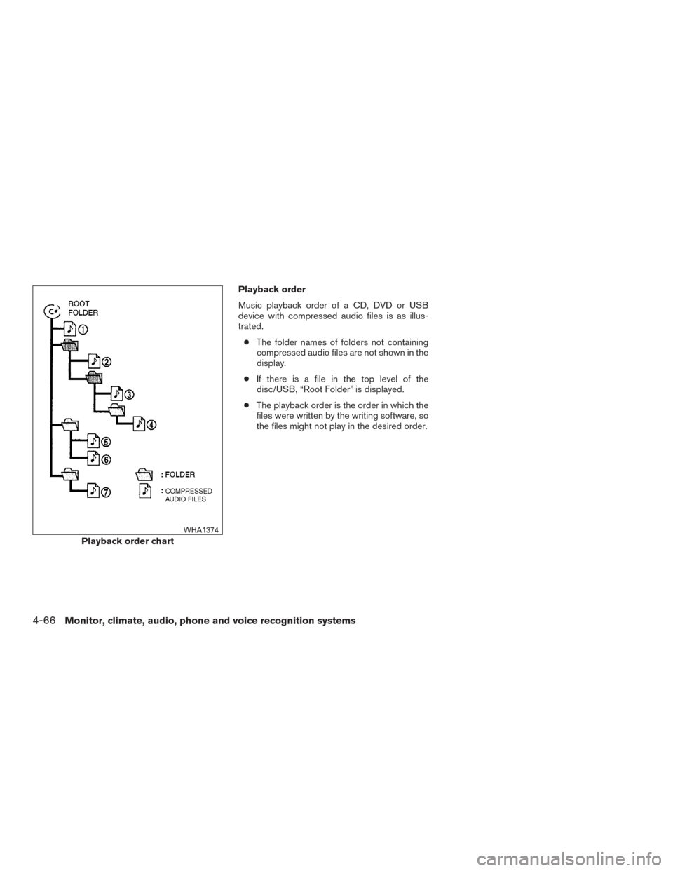 NISSAN PATHFINDER 2016 R52 / 4.G Owners Manual Playback order
Music playback order of a CD, DVD or USB
device with compressed audio files is as illus-
trated.● The folder names of folders not containing
compressed audio files are not shown in th