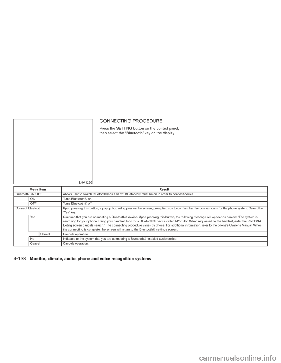 NISSAN PATHFINDER 2016 R52 / 4.G Owners Manual CONNECTING PROCEDURE
Press the SETTING button on the control panel,
then select the “Bluetooth” key on the display.
Menu ItemResult
Bluetooth ON/OFF Allows user to switch Bluetooth® on and off. B