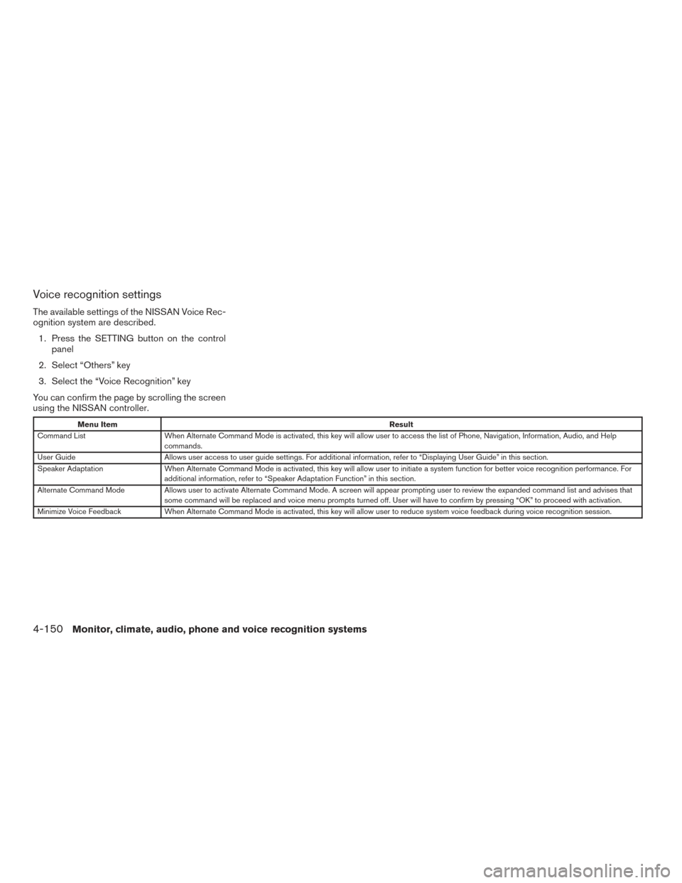 NISSAN PATHFINDER 2016 R52 / 4.G Owners Manual Voice recognition settings
The available settings of the NISSAN Voice Rec-
ognition system are described.1. Press the SETTING button on the control panel
2. Select “Others” key
3. Select the “Vo