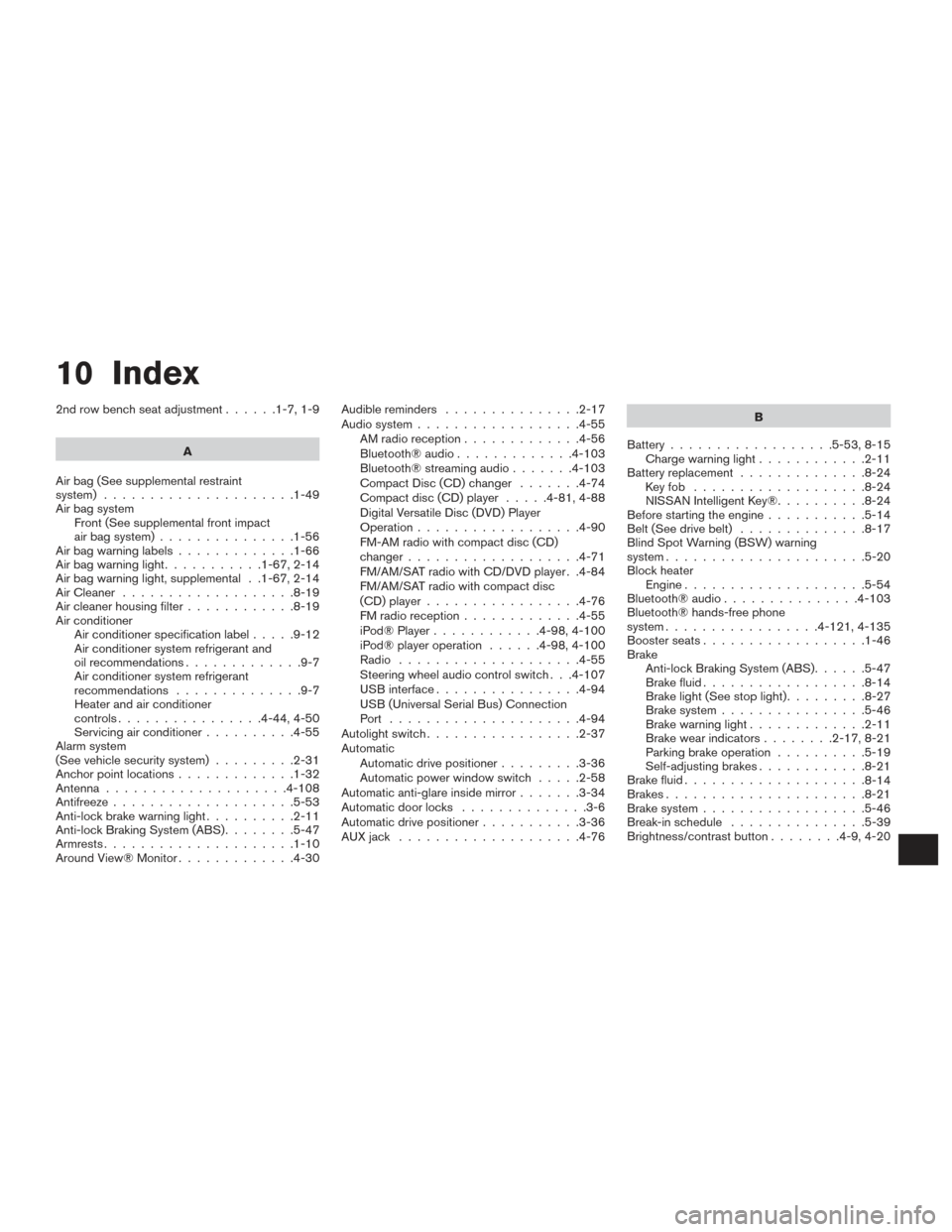 NISSAN PATHFINDER 2016 R52 / 4.G Service Manual 10 Index
2nd row bench seat adjustment......1-7,1-9
A
Air bag (See supplemental restraint
system) .....................1-49
Air bag system Front (See supplemental front impact
air bag system) ........