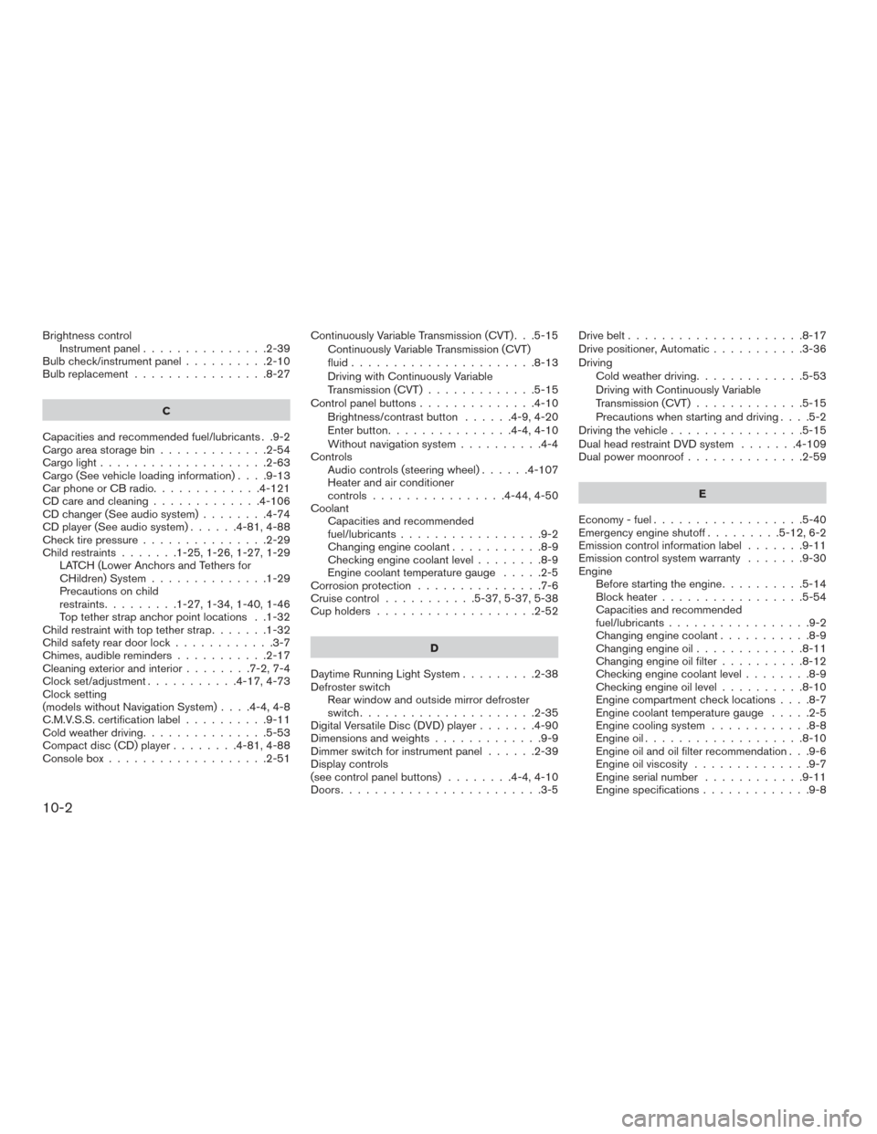 NISSAN PATHFINDER 2016 R52 / 4.G Owners Guide Brightness controlInstrument panel ...............2-39
Bulb check/instrument panel ..........2-10
Bulb replacement ................8-27
C
Capacities and recommended fuel/lubricants . .9-2
Cargoareasto