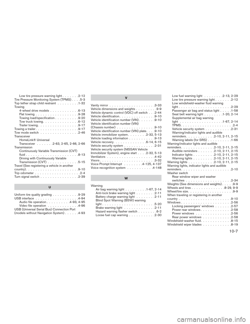 NISSAN PATHFINDER 2016 R52 / 4.G Owners Guide Low tire pressure warning light.......2-12
Tire Pressure Monitoring System (TPMS) ....5-3
Top tether strap child restraint .........1-32
Towing 4-wheel drive models ............6-13
Flattowing........