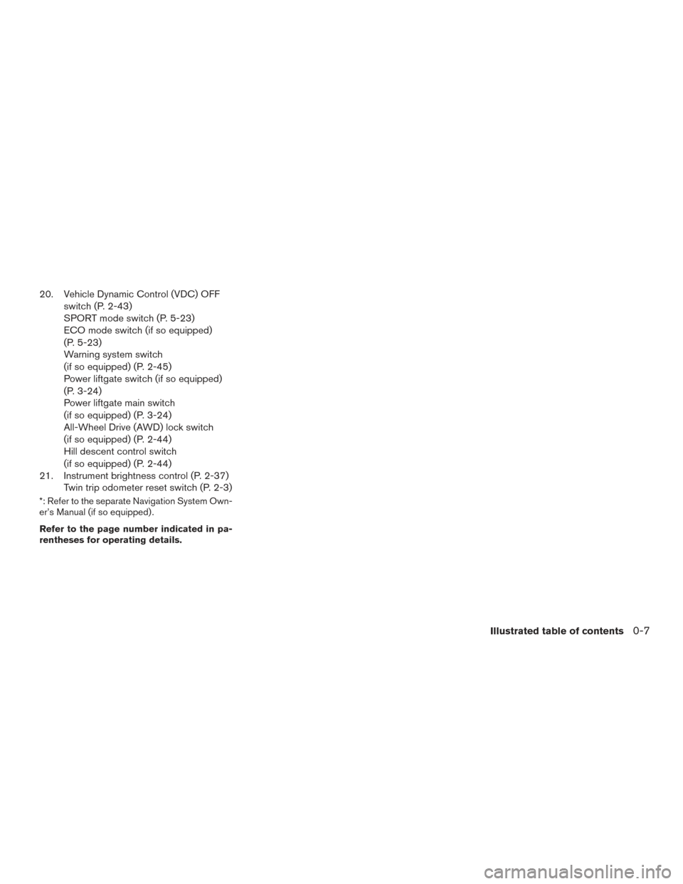 NISSAN ROGUE 2016 2.G Owners Manual 20. Vehicle Dynamic Control (VDC) OFFswitch (P. 2-43)
SPORT mode switch (P. 5-23)
ECO mode switch (if so equipped)
(P. 5-23)
Warning system switch
(if so equipped) (P. 2-45)
Power liftgate switch (if 