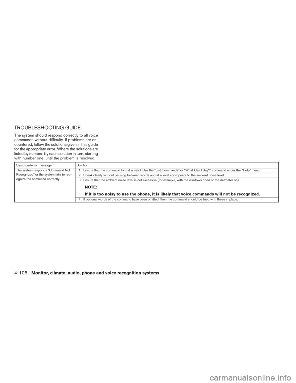 NISSAN ROGUE 2016 2.G Owners Manual TROUBLESHOOTING GUIDE
The system should respond correctly to all voice
commands without difficulty. If problems are en-
countered, follow the solutions given in this guide
for the appropriate error. W NISSAN ROGUE 2016 2.G Owners Manual TROUBLESHOOTING GUIDE
The system should respond correctly to all voice
commands without difficulty. If problems are en-
countered, follow the solutions given in this guide
for the appropriate error. W