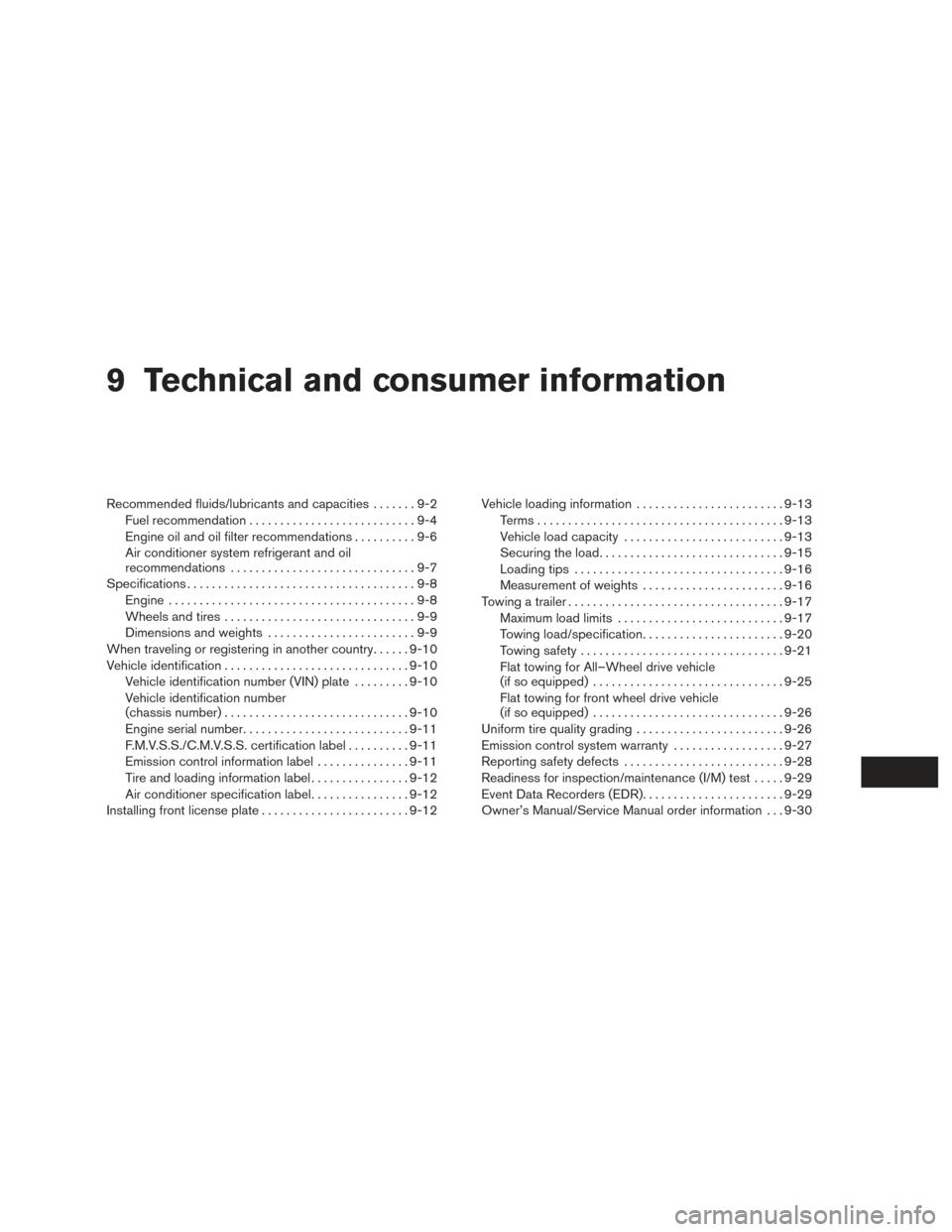 NISSAN ROGUE 2016 2.G Manual PDF 9 Technical and consumer information
Recommended fluids/lubricants and capacities.......9-2
Fuel recommendation ...........................9-4
Engine oil and oil filter recommendations ..........9-6
A