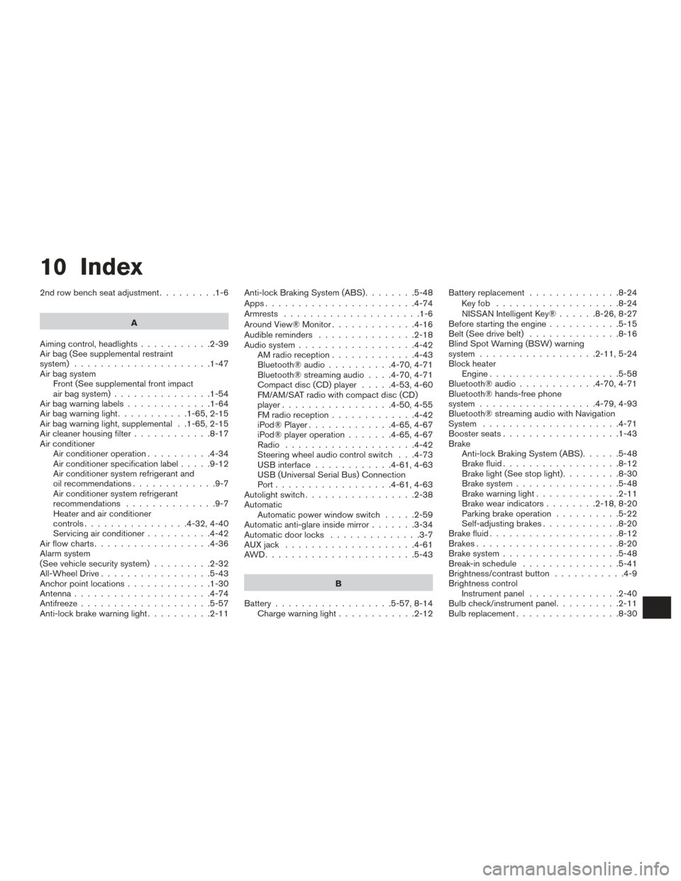 NISSAN ROGUE 2016 2.G Workshop Manual 10 Index
2nd row bench seat adjustment.........1-6
A
Aiming control, headlights ...........2-39
Air bag (See supplemental restraint
system) .....................1-47
Air bag system Front (See suppleme