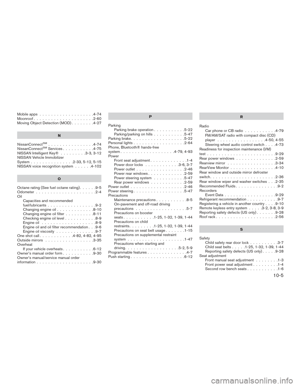 NISSAN ROGUE 2016 2.G Workshop Manual Mobileapps ...................4-74
Moonroof.....................2-60
Moving Object Detection (MOD) ........4-27
N
NissanConnect
SM................4-74
NissanConnectSMServices...........4-75
NISSAN Int