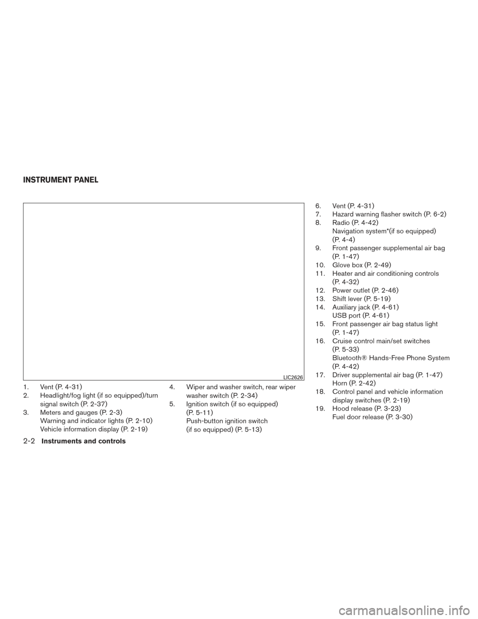 NISSAN ROGUE 2016 2.G Manual Online 1. Vent (P. 4-31)
2. Headlight/fog light (if so equipped)/turnsignal switch (P. 2-37)
3. Meters and gauges (P. 2-3) Warning and indicator lights (P. 2-10)
Vehicle information display (P. 2-19) 4. Wipe