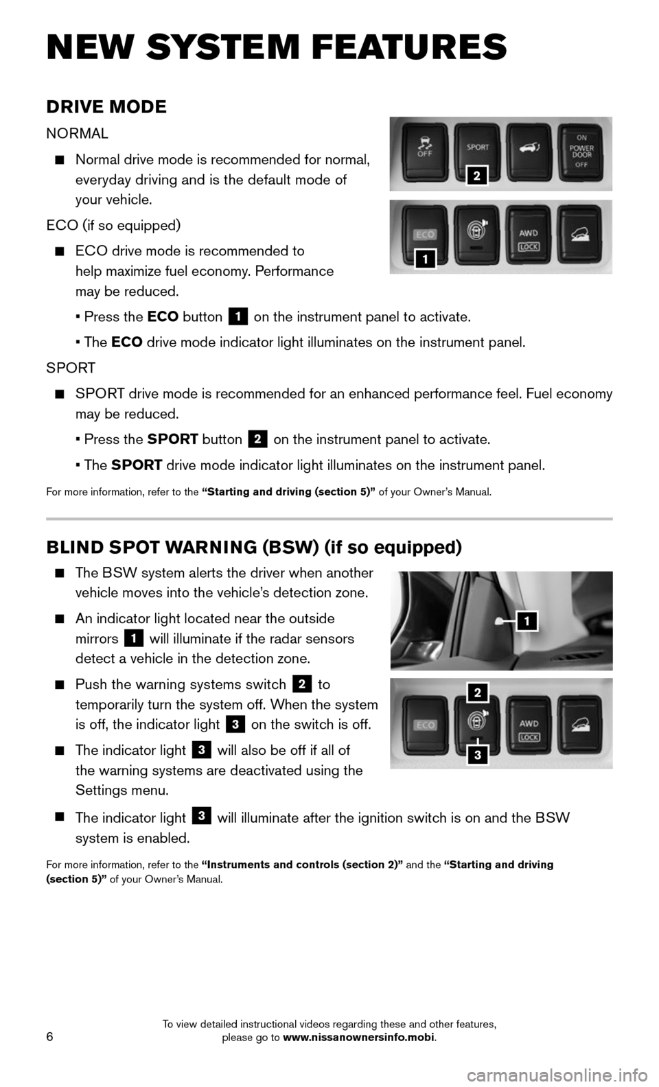 NISSAN ROGUE 2016 2.G Quick Reference Guide 6
BLIND SPOT WARNING (BSW) (if so equipped)
    The BSW system alerts the driver when another 
vehicle moves into the vehicle’s detection zone.
    An indicator light located near the outside  
mirr