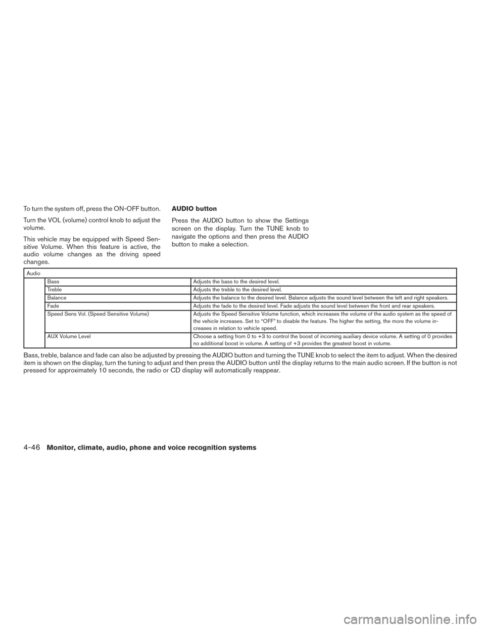 NISSAN SENTRA 2016 B17 / 7.G Owners Manual To turn the system off, press the ON-OFF button.
Turn the VOL (volume) control knob to adjust the
volume.
This vehicle may be equipped with Speed Sen-
sitive Volume. When this feature is active, the
a NISSAN SENTRA 2016 B17 / 7.G Owners Manual To turn the system off, press the ON-OFF button.
Turn the VOL (volume) control knob to adjust the
volume.
This vehicle may be equipped with Speed Sen-
sitive Volume. When this feature is active, the
a