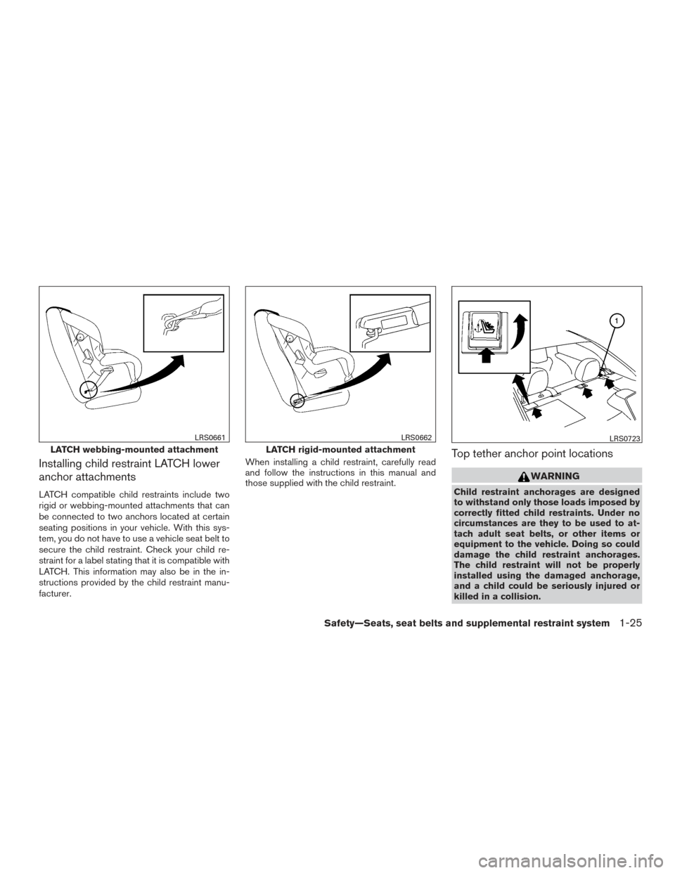 NISSAN SENTRA 2016 B17 / 7.G Service Manual Installing child restraint LATCH lower
anchor attachments
LATCH compatible child restraints include two
rigid or webbing-mounted attachments that can
be connected to two anchors located at certain
sea