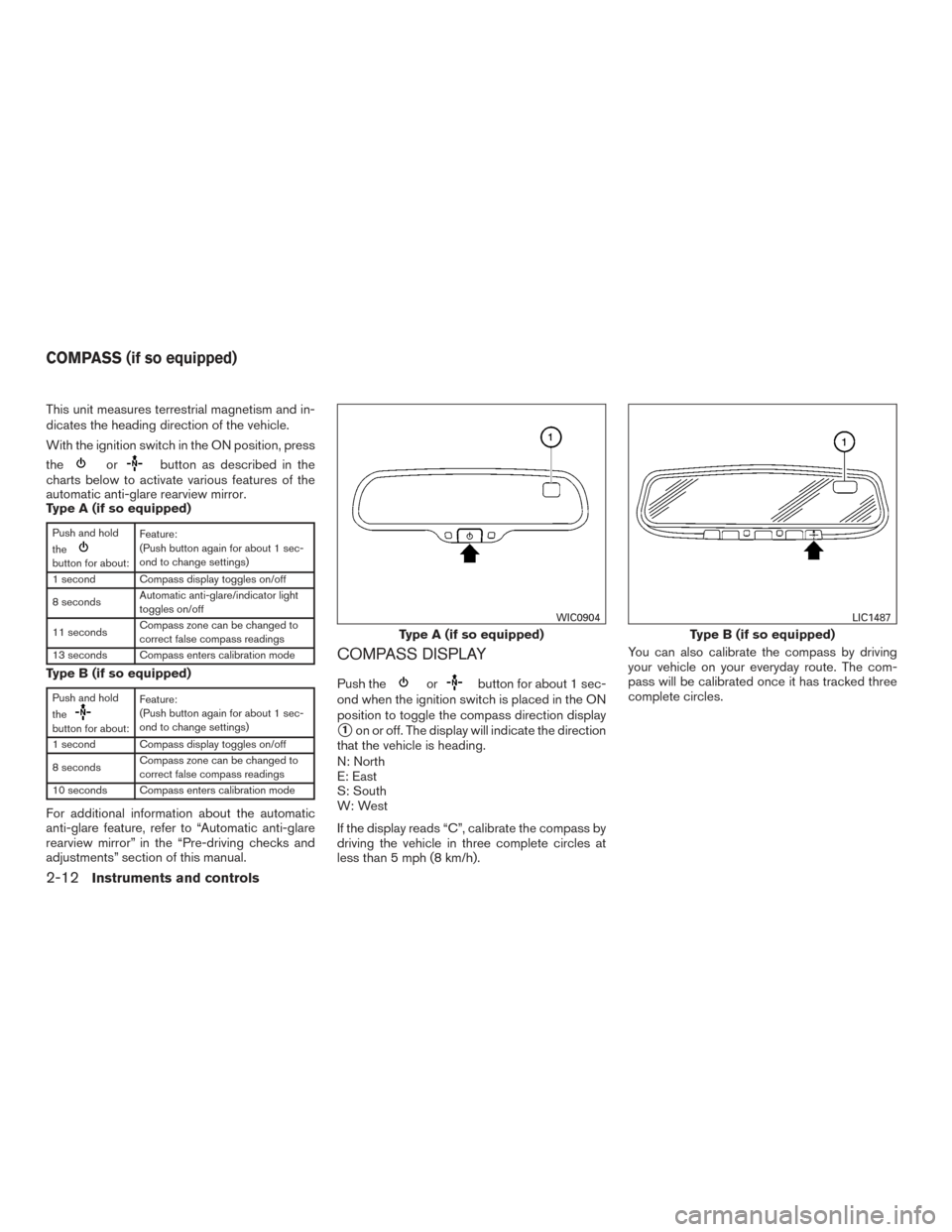 NISSAN SENTRA 2016 B17 / 7.G Owners Manual This unit measures terrestrial magnetism and in-
dicates the heading direction of the vehicle.
With the ignition switch in the ON position, press
the
orbutton as described in the
charts below to activ NISSAN SENTRA 2016 B17 / 7.G Owners Manual This unit measures terrestrial magnetism and in-
dicates the heading direction of the vehicle.
With the ignition switch in the ON position, press
the
orbutton as described in the
charts below to activ