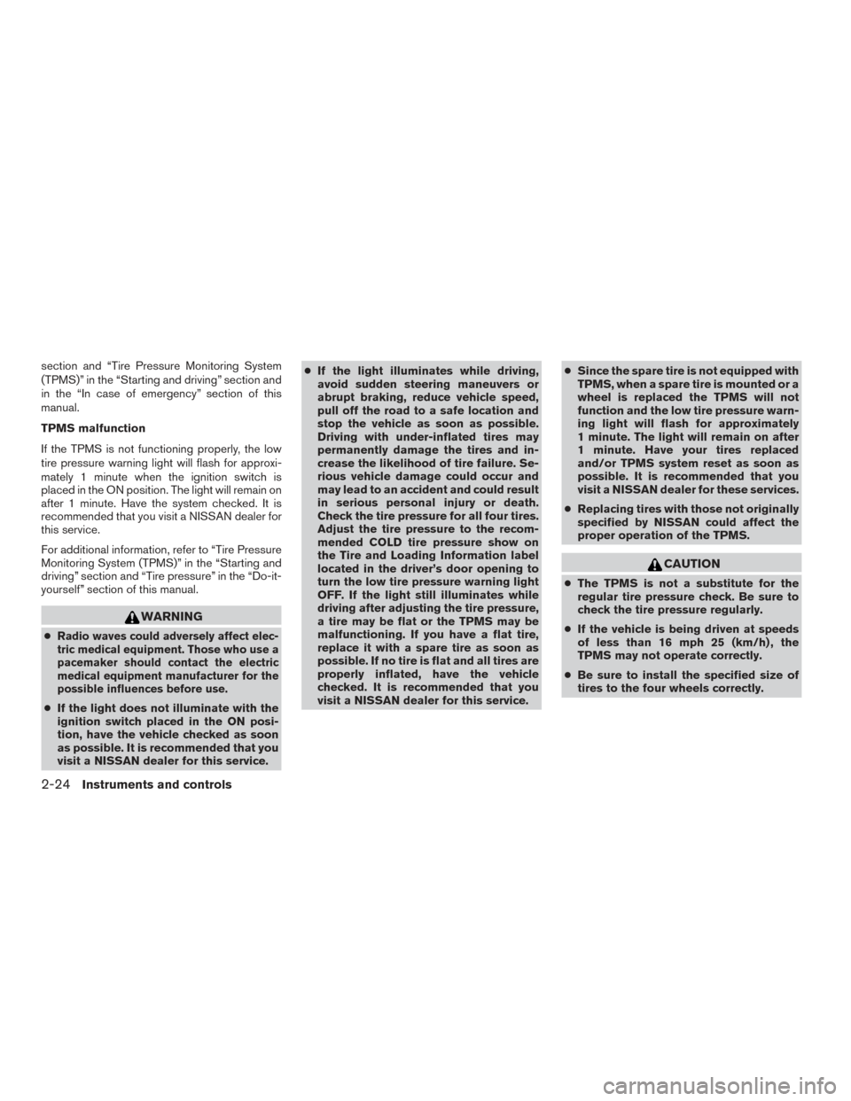 NISSAN TITAN 2016 2.G Owners Manual section and “Tire Pressure Monitoring System
(TPMS)” in the “Starting and driving” section and
in the “In case of emergency” section of this
manual.
TPMS malfunction
If the TPMS is not fun