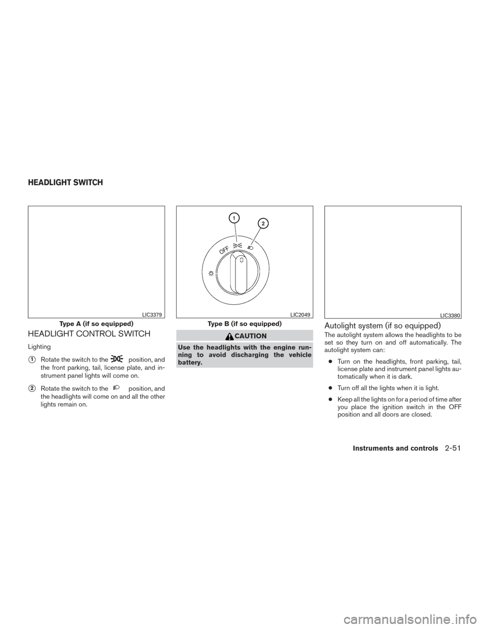 NISSAN TITAN 2016 2.G User Guide HEADLIGHT CONTROL SWITCH
Lighting
1Rotate the switch to theposition, and
the front parking, tail, license plate, and in-
strument panel lights will come on.
2Rotate the switch to theposition, and
th