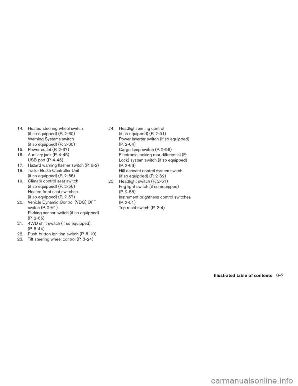 NISSAN TITAN 2016 2.G User Guide 14. Heated steering wheel switch(if so equipped) (P. 2-60)
Warning Systems switch
(if so equipped) (P. 2-60)
15. Power outlet (P. 2-67)
16. Auxiliary jack (P. 4-45) USB port (P. 4-45)
17. Hazard warni