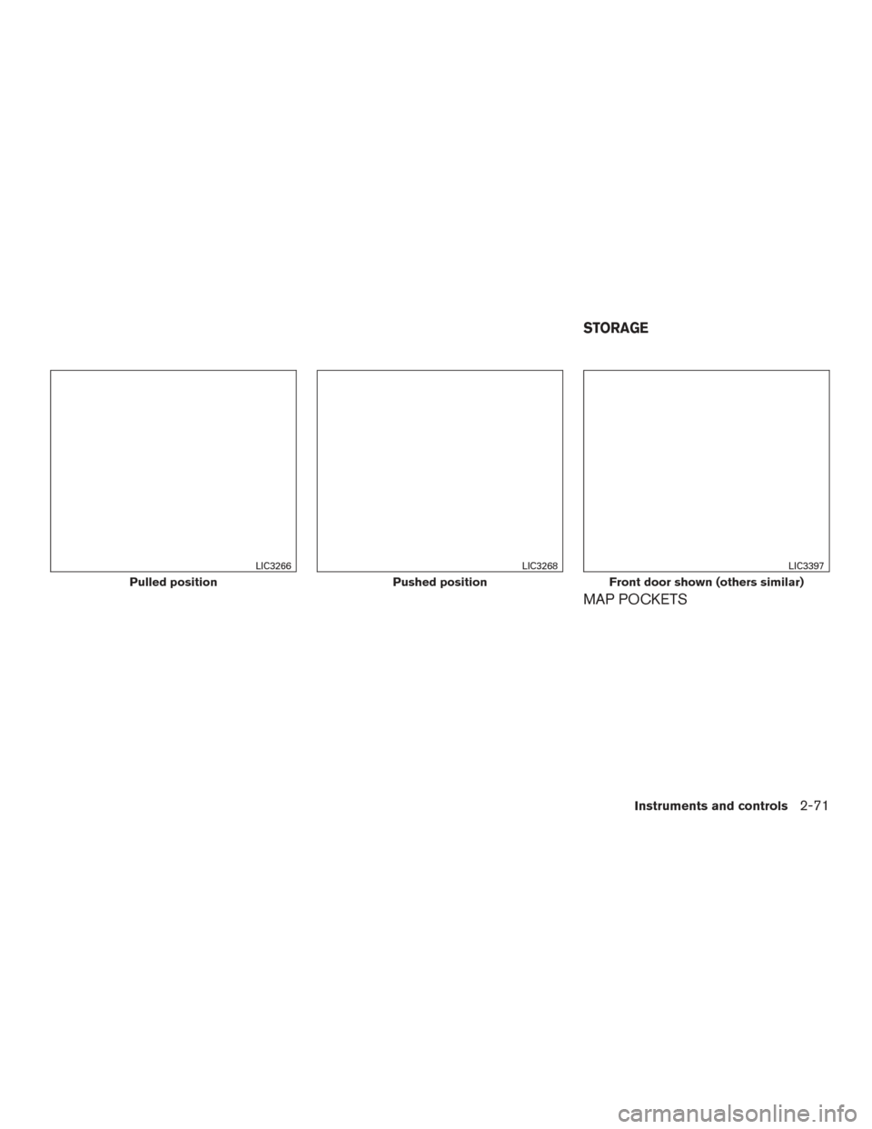 NISSAN TITAN 2016 2.G Owners Manual MAP POCKETS
Pulled position
LIC3266
Pushed position
LIC3268
Front door shown (others similar)
LIC3397
STORAGE
Instruments and controls2-71 