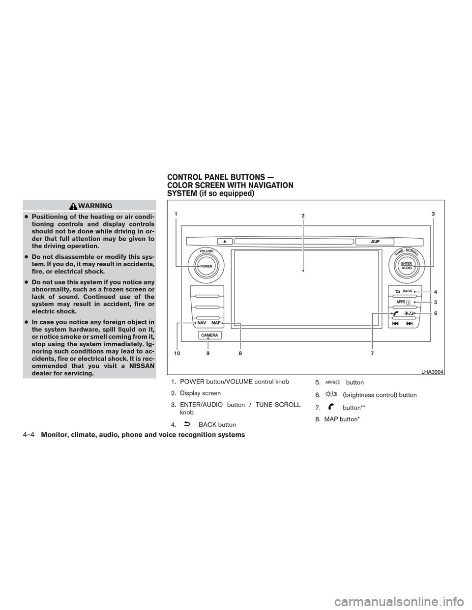 NISSAN TITAN 2016 2.G Owners Manual WARNING
●Positioning of the heating or air condi-
tioning controls and display controls
should not be done while driving in or-
der that full attention may be given to
the driving operation.
● Do 