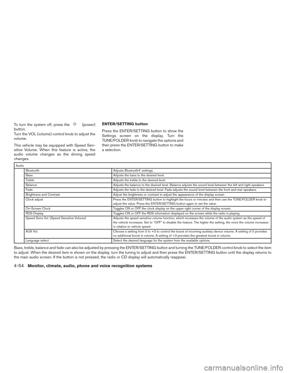 NISSAN TITAN 2016 2.G Owners Manual To turn the system off, press the(power)
button.
Turn the VOL (volume) control knob to adjust the
volume.
This vehicle may be equipped with Speed Sen-
sitive Volume. When this feature is active, the
a NISSAN TITAN 2016 2.G Owners Manual To turn the system off, press the(power)
button.
Turn the VOL (volume) control knob to adjust the
volume.
This vehicle may be equipped with Speed Sen-
sitive Volume. When this feature is active, the
a