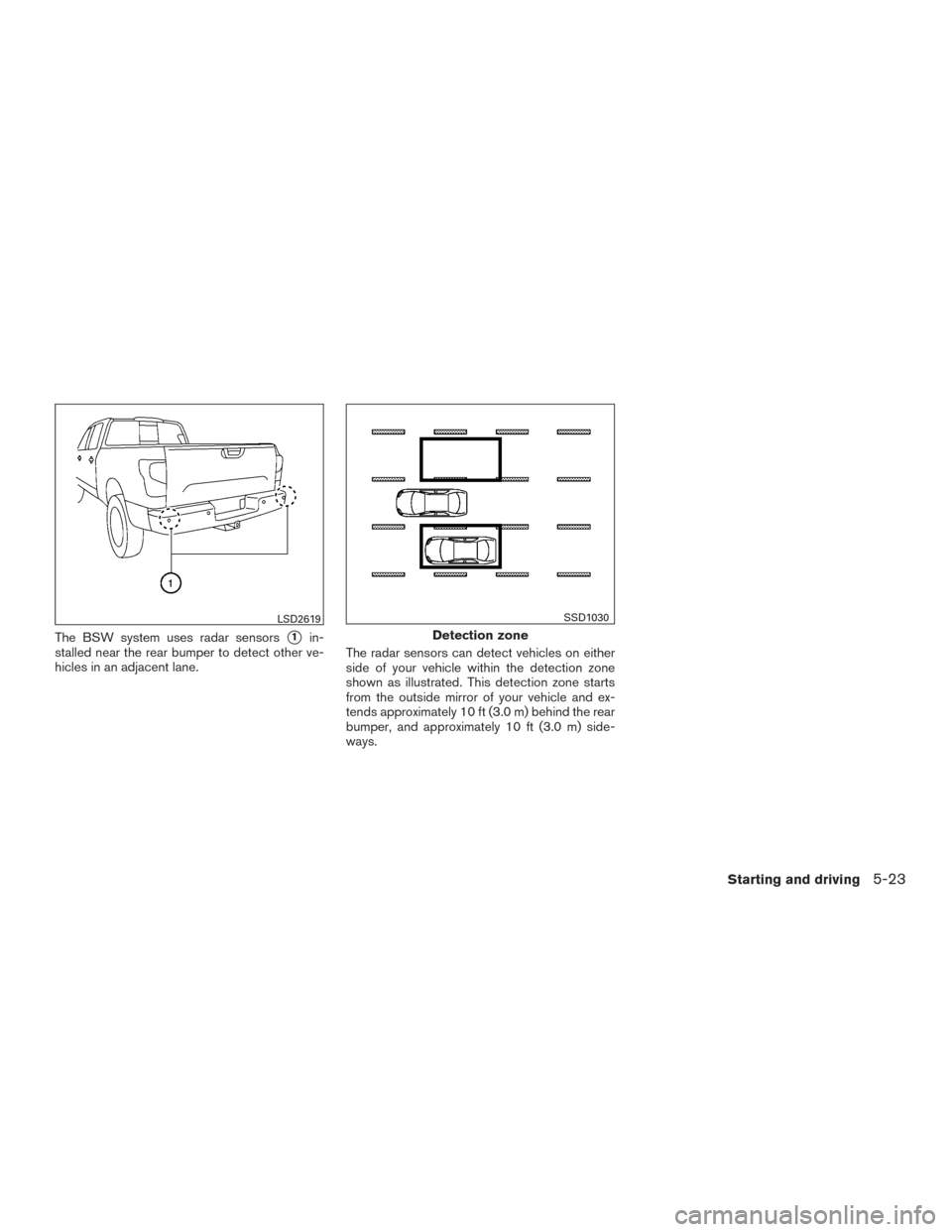 NISSAN TITAN 2016 2.G Owners Manual The BSW system uses radar sensors1in-
stalled near the rear bumper to detect other ve-
hicles in an adjacent lane. The radar sensors can detect vehicles on either
side of your vehicle within the dete