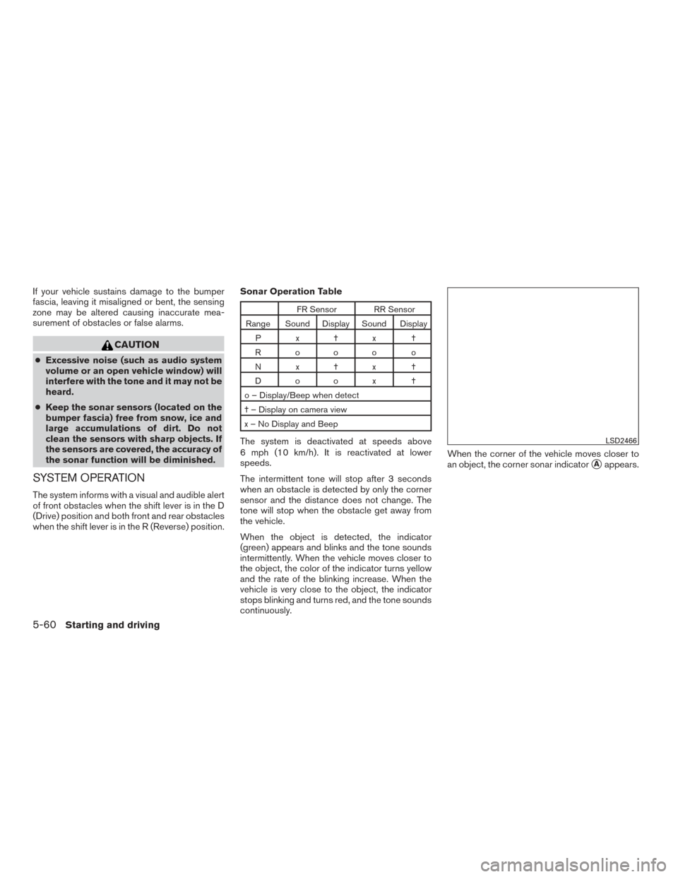 NISSAN TITAN 2016 2.G Owners Manual If your vehicle sustains damage to the bumper
fascia, leaving it misaligned or bent, the sensing
zone may be altered causing inaccurate mea-
surement of obstacles or false alarms.
CAUTION
●Excessive