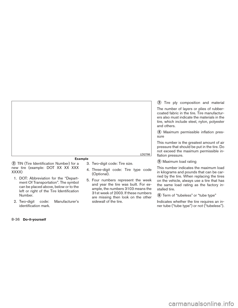 NISSAN TITAN 2016 2.G User Guide 2TIN (Tire Identification Number) for a
new tire (example: DOT XX XX XXX
XXXX)
1. DOT: Abbreviation for the “Depart- ment Of Transportation”. The symbol
can be placed above, below or to the
left 