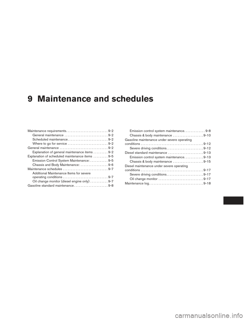 NISSAN TITAN 2016 2.G Owners Manual 9 Maintenance and schedules
Maintenance requirements..........................9-2
General maintenance ...........................9-2
Scheduled maintenance .........................9-2
Where to go for NISSAN TITAN 2016 2.G Owners Manual 9 Maintenance and schedules
Maintenance requirements..........................9-2
General maintenance ...........................9-2
Scheduled maintenance .........................9-2
Where to go for