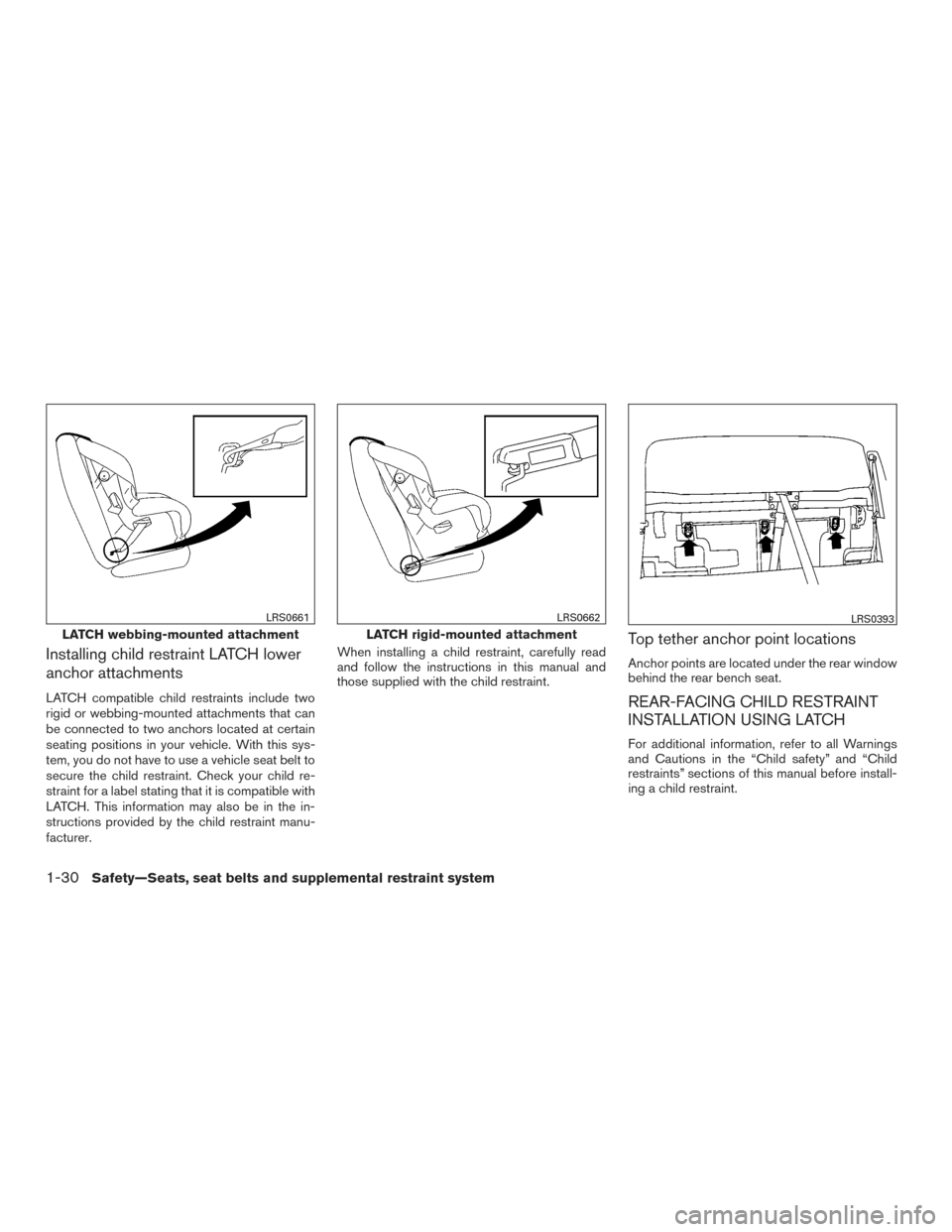 NISSAN TITAN 2016 2.G Owners Guide Installing child restraint LATCH lower
anchor attachments
LATCH compatible child restraints include two
rigid or webbing-mounted attachments that can
be connected to two anchors located at certain
sea