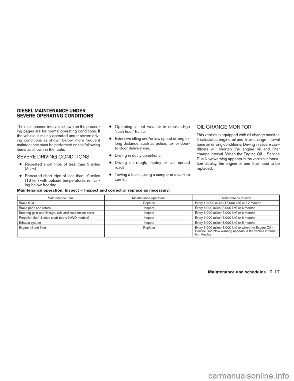 NISSAN TITAN 2016 2.G Owners Manual The maintenance intervals shown on the preced-
ing pages are for normal operating conditions. If
the vehicle is mainly operated under severe driv-
ing conditions as shown below, more frequent
maintena NISSAN TITAN 2016 2.G Owners Manual The maintenance intervals shown on the preced-
ing pages are for normal operating conditions. If
the vehicle is mainly operated under severe driv-
ing conditions as shown below, more frequent
maintena