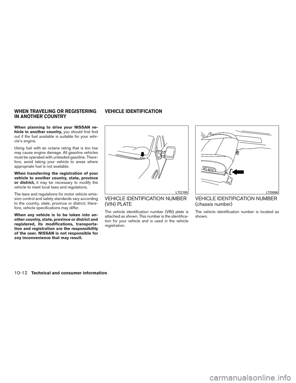 NISSAN TITAN 2016 2.G Workshop Manual When planning to drive your NISSAN ve-
hicle in another country,you should first find
out if the fuel available is suitable for your vehi-
cle’s engine.
Using fuel with an octane rating that is too 