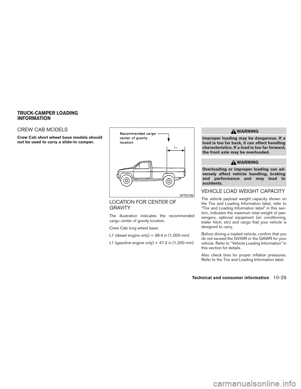 NISSAN TITAN 2016 2.G Service Manual CREW CAB MODELS
Crew Cab short wheel base models should
not be used to carry a slide-in camper.
LOCATION FOR CENTER OF
GRAVITY
The illustration indicates the recommended
cargo center of gravity locati