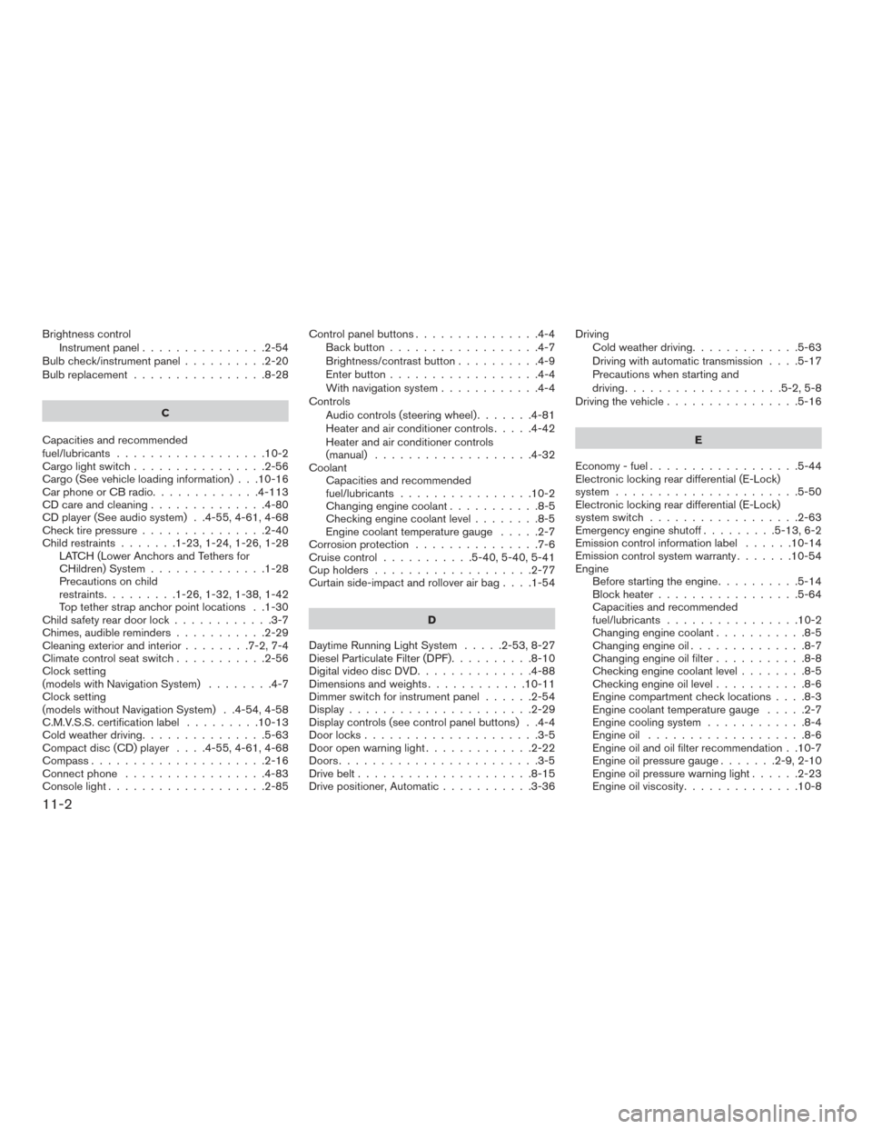 NISSAN TITAN 2016 2.G Owners Guide Brightness controlInstrument panel ...............2-54
Bulb check/instrument panel ..........2-20
Bulb replacement ................8-28
C
Capacities and recommended
fuel/lubricants ..................1