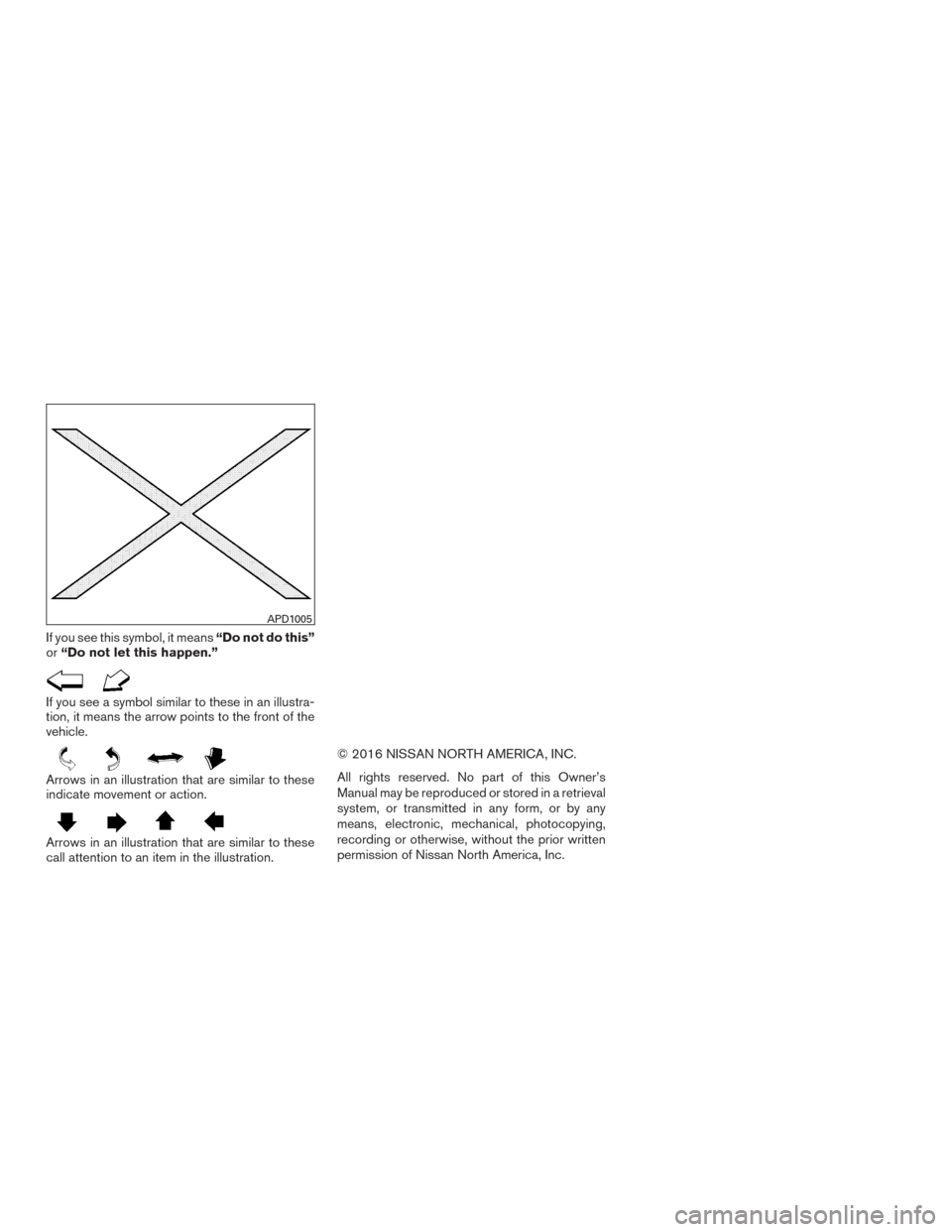 NISSAN TITAN 2016 2.G Owners Manual If you see this symbol, it means“Do not do this”
or “Do not let this happen.”
If you see a symbol similar to these in an illustra-
tion, it means the arrow points to the front of the
vehicle.
NISSAN TITAN 2016 2.G Owners Manual If you see this symbol, it means“Do not do this”
or “Do not let this happen.”
If you see a symbol similar to these in an illustra-
tion, it means the arrow points to the front of the
vehicle.