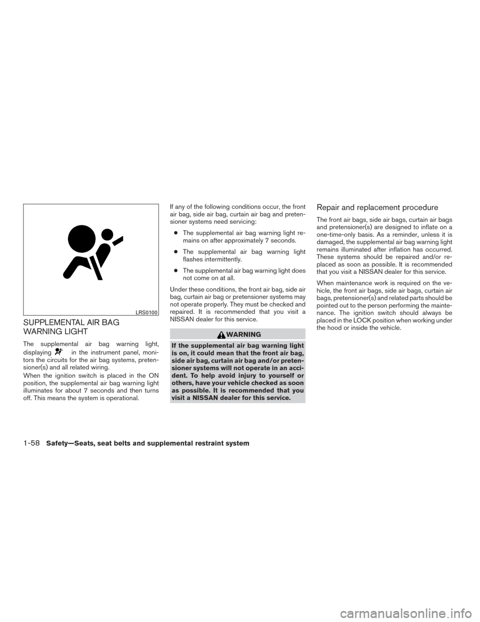 NISSAN TITAN 2016 2.G Manual PDF SUPPLEMENTAL AIR BAG
WARNING LIGHT
The supplemental air bag warning light,
displaying
in the instrument panel, moni-
tors the circuits for the air bag systems, preten-
sioner(s) and all related wiring NISSAN TITAN 2016 2.G Manual PDF SUPPLEMENTAL AIR BAG
WARNING LIGHT
The supplemental air bag warning light,
displaying
in the instrument panel, moni-
tors the circuits for the air bag systems, preten-
sioner(s) and all related wiring