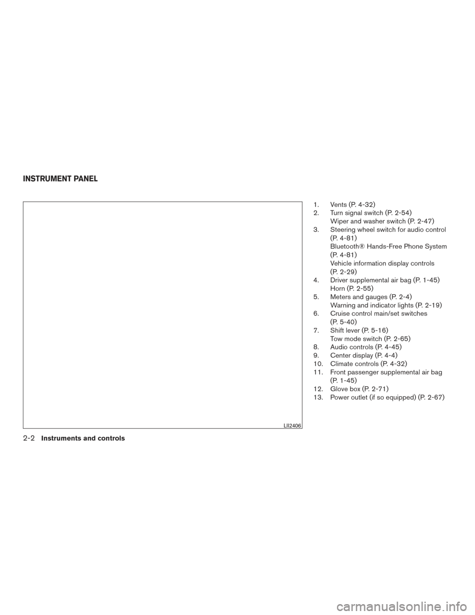 NISSAN TITAN 2016 2.G Manual Online 1. Vents (P. 4-32)
2. Turn signal switch (P. 2-54)Wiper and washer switch (P. 2-47)
3. Steering wheel switch for audio control
(P. 4-81)
Bluetooth® Hands-Free Phone System
(P. 4-81)
Vehicle informati