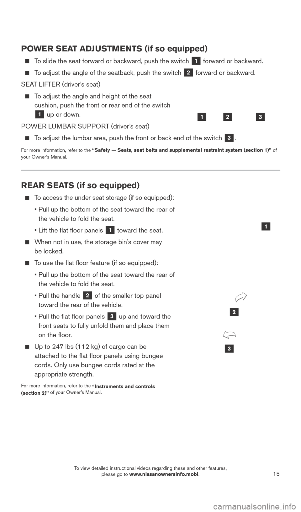 NISSAN TITAN 2016 2.G Quick Reference Guide 15
POWER SEAT ADJUSTMENTS (if so equipped)
To slide the seat forward or backward, push the switch 1 forward or backward.
To adjust the angle of the seatback, push the switch 2 forward or backw NISSAN TITAN 2016 2.G Quick Reference Guide 15
POWER SEAT ADJUSTMENTS (if so equipped)
To slide the seat forward or backward, push the switch 1 forward or backward.
To adjust the angle of the seatback, push the switch 2 forward or backw