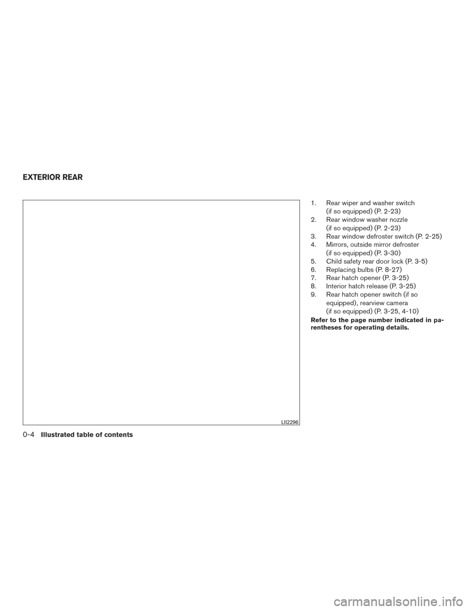 NISSAN VERSA NOTE 2016 2.G User Guide 1. Rear wiper and washer switch(if so equipped) (P. 2-23)
2. Rear window washer nozzle
(if so equipped) (P. 2-23)
3. Rear window defroster switch (P. 2-25)
4. Mirrors, outside mirror defroster
(if so NISSAN VERSA NOTE 2016 2.G User Guide 1. Rear wiper and washer switch(if so equipped) (P. 2-23)
2. Rear window washer nozzle
(if so equipped) (P. 2-23)
3. Rear window defroster switch (P. 2-25)
4. Mirrors, outside mirror defroster
(if so