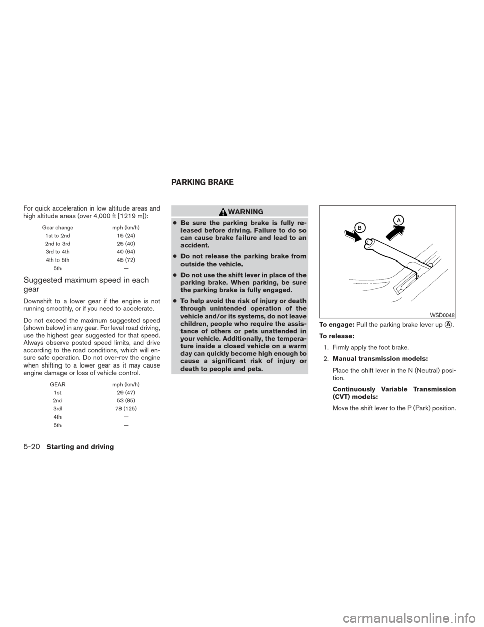 NISSAN VERSA NOTE 2016 2.G Owners Manual For quick acceleration in low altitude areas and
high altitude areas (over 4,000 ft [1219 m]):
Gear changemph (km/h)
1st to 2nd 15 (24)
2nd to 3rd 25 (40)
3rd to 4th 40 (64)
4th to 5th 45 (72)
5th —