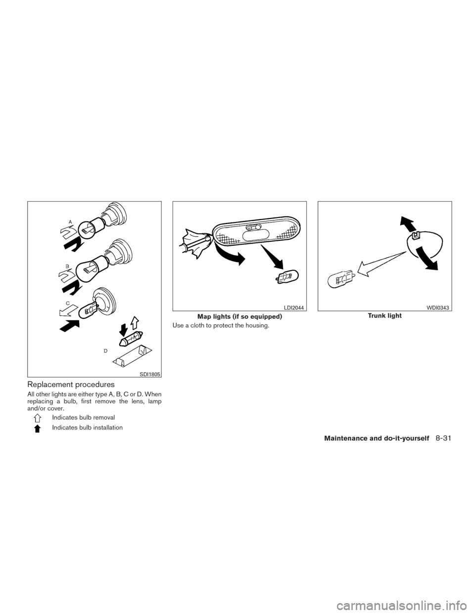 NISSAN VERSA SEDAN 2016 2.G Owners Manual Replacement procedures
All other lights are either type A, B, C or D. When
replacing a bulb, first remove the lens, lamp
and/or cover.
Indicates bulb removal
Indicates bulb installationUse a cloth to 