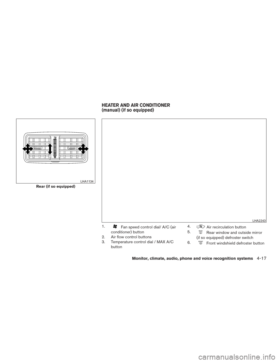 NISSAN ALTIMA 2017 L33 / 5.G Owners Manual 1.Fan speed control dial/ A/C (air
conditioner) button
2. Air flow control buttons
3. Temperature control dial / MAX A/C
button 4.Air recirculation button
5.
Rear window and outside mirror
(if so equi